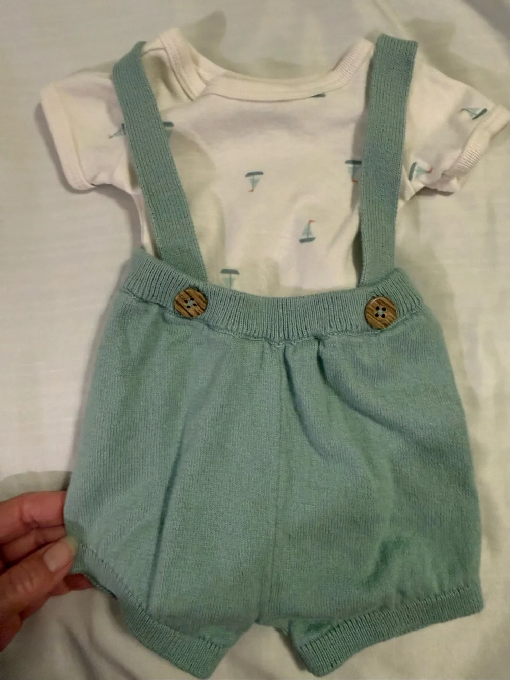 Newborn Knit Suspender Romper in Light Teal
